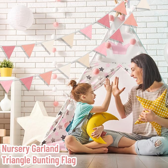 2PCS Pennant Banner Flags, Fabric Bunting Banner Nursery Garland Decor, Baby Shower Garland, Triangle Flags for Baby Boy Room, Playroom, Boho Birthday Party Decor, Each 7.75 ft (Pink Beige)
