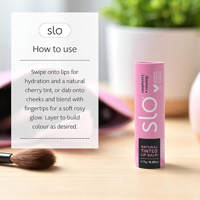 Slo | Natural Lip Balm - All Natural Ingredients, Vegan & Cruelty Free, Hydrating & Soothing, Plastic Free | Raspberry + Rosehip & Cherry + Blush & Vanilla + Cacao | 3 Pack (3 x 0.28oz/8g)