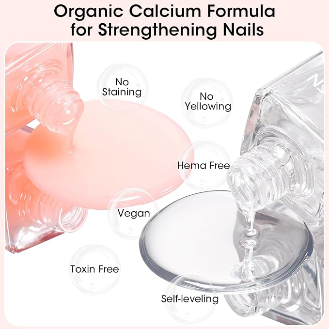 Gellen Clear Nail Polish Base Top Coat, No Wipe Shine Top Coat & 4-In-1 Tinted Nude Base Coat Strengthens Nails - Calcium, Quick Dry Natural Color Regular Nail Polish, Not UV Gel, Hema Free, Non-toxic