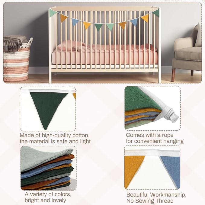 2PCS Pennant Banner Flags, Fabric Bunting Banner Nursery Garland Decor, Baby Shower Garland, Triangle Flags for Baby Boy Room, Playroom, Boho Birthday Party Decor, Each 7.75 ft (4 Colors)