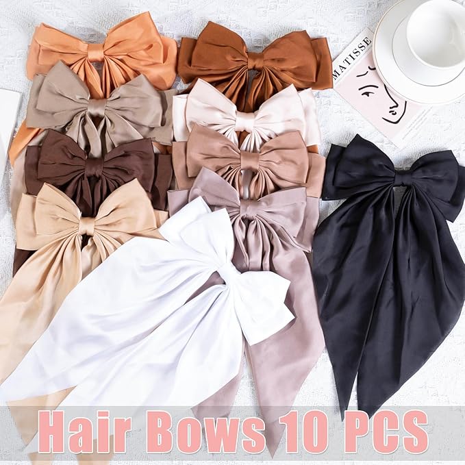 10 PCS Large Hair Bows Ribbon Bow for Women,Hair Bows for Womens,Oversized Long-tail Cute Aesthetic Hair Accessories,Large Hair Barrettes for Women,Big Bows for Girls（Warm brown