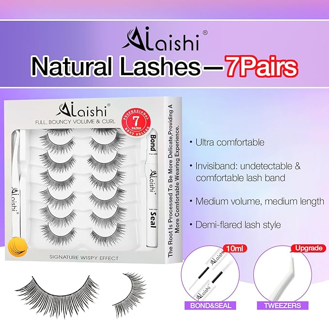 Wispy False Eyelashes Kit With Bond, Seal and Tweezer, 7 Pairs Natural Look Fake Cat Eye Lashes Strips Thin Band Extensions Waterproof Easy Eyelashes for Beginners DF2