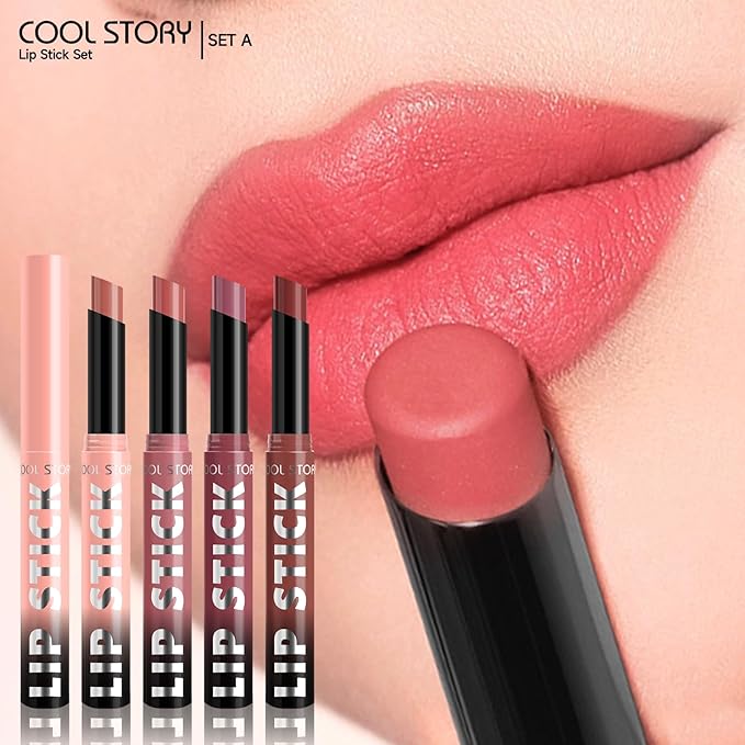 COOL STORY Matte Lipstick Lightweight Blurring Formula with High Impact Pigment, Long-lasting, 0.07 oz (4 color SET-A)