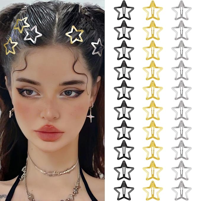 Star Hair Clips 2000s Y2K Snap Hair Barrettes Non Slip Star Hair Accessories Black Gold Silver Metal Hair Clips for Girls Women -30 PCS 1.18"