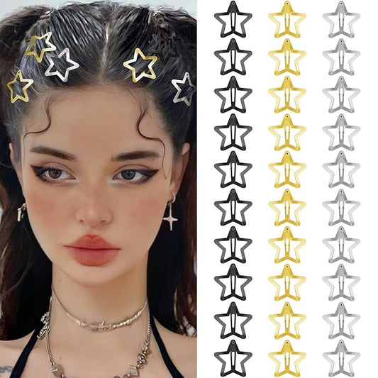 Star Hair Clips 2000s Y2K Snap Hair Barrettes Non Slip Star Hair Accessories Black Gold Silver Metal Hair Clips for Girls Women -30 PCS 1.18"