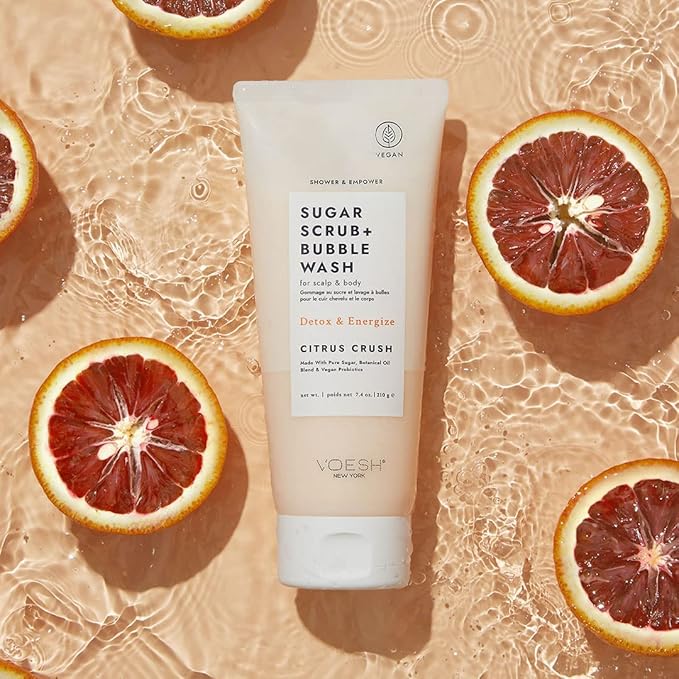 VOESH Sugar Scrub + Bubble Wash, Exfoliating Scrub & Body Wash, Citrus Crush, Scalp Exfoliator, Scalp Care, Vegan Skin Care