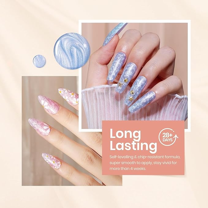 Beetles Pearl Gel Nail Polish – Glitter Silk 6 Colors Gel Polish Set, Pastel Pink White Orange Blue Colors Shimmer Mermaid Shell Swirl Thread Effect Soak Off UV LED Gift for Women