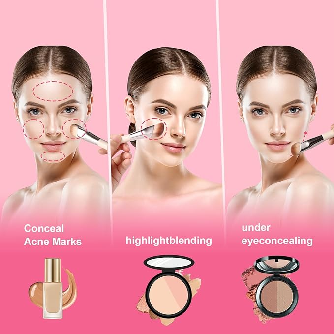 Angled Foundation Brush for Liquid, 16.2CM/6.4in Angle Contour Brush Kabuki Makeup Brushes with Soft Dense Synthetic Bristles Face for Liquid, Buffing, Contouring, Bronzer, BB Cream, Blending (Pink)