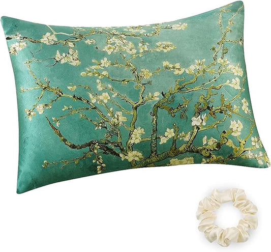 ALASKA BEAR Luxury Silk Pillowcase for Beauty Sleep, Genuine 22 Momme Mulberry Silk Pillow Case Slip for Room Decor, Cherry Blossom Floral Pattern Printed, Queen Size (1pc, Gift Box)
