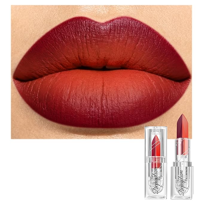 2 in 1 Burgundy Lipstick Matte Orange Lipstick Dual Sided Waterproof Lipsticks for Women One Stroke Two-Tone Long Lasting Lip Stick for Christmas Halloween,DU-F6