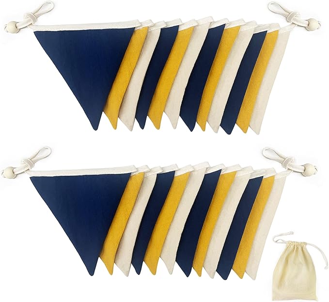 2 Sets of Blue Yellow White Nursery Garland 24Pcs Yellow Blue Fabric Linen Pennant Banner Flags Triangle Streamers for Baby Playroom Decor Kids Boys Birthday Baby Shower Grad Party Decorations