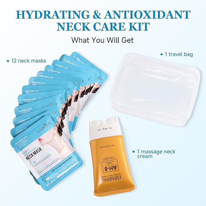 SADOER AH-8 Neck Cream and Mask Set 12 Pack Neck Mask & Firming Cream, Contains Hexapeptide, Tightening Lotions, Wrinkle Reducing Care Kit - Includes Travel Pouch, Perfect for Halloween Gifts