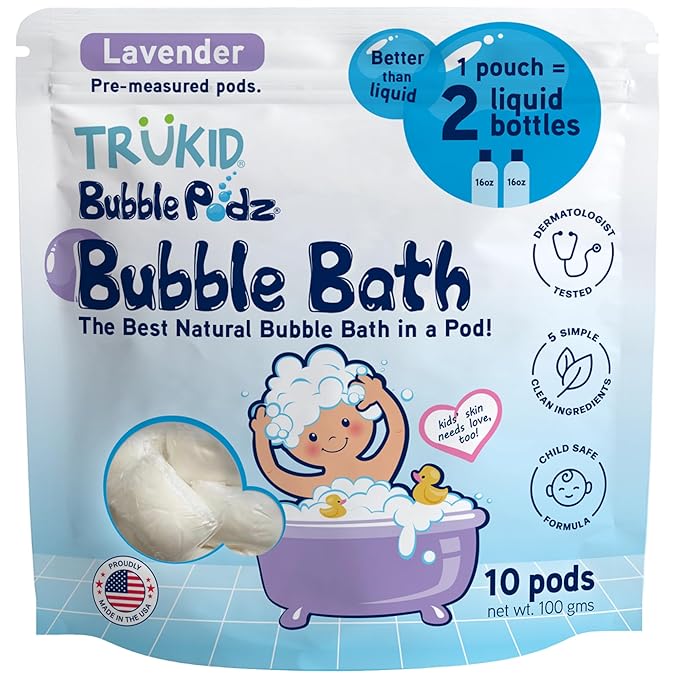 TruKid Bubble Podz Bubble Bath for Kids, Toddlers, & Babies, Tear Free Gentle & Refreshing Bath Bomb for Sensitive Skin with Natural Moisturizers, Non-Toxic, pH Balanced, Lavender Scent (10 Podz)