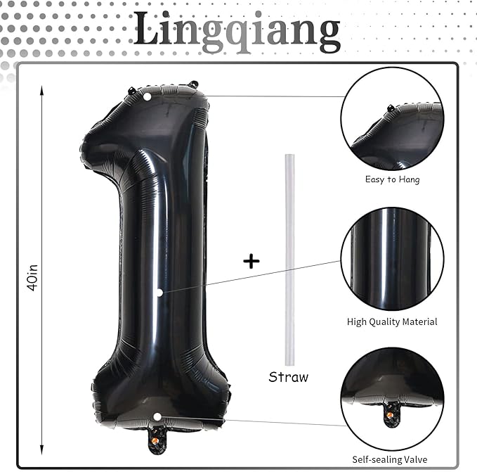 40 Inch Black Foil Balloon Number 1, Giant Self Inflating Number Balloons 0-9 Digital Helium Balloons Set for Girls Boys 1st Birthday Anniversary New Year's Eve Baby Shower Party Decorations Supplies