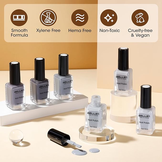 GELLEN Gray Nail Polish Set, Fall Winter Trendy Grey Regular Nail Polish Quick Air Dry 6 Dark Light Colors for Women Gifts DIY Fingernail Toe Nails Home Salon, Not Gel, Hema Free, Non-toxic, No Chip