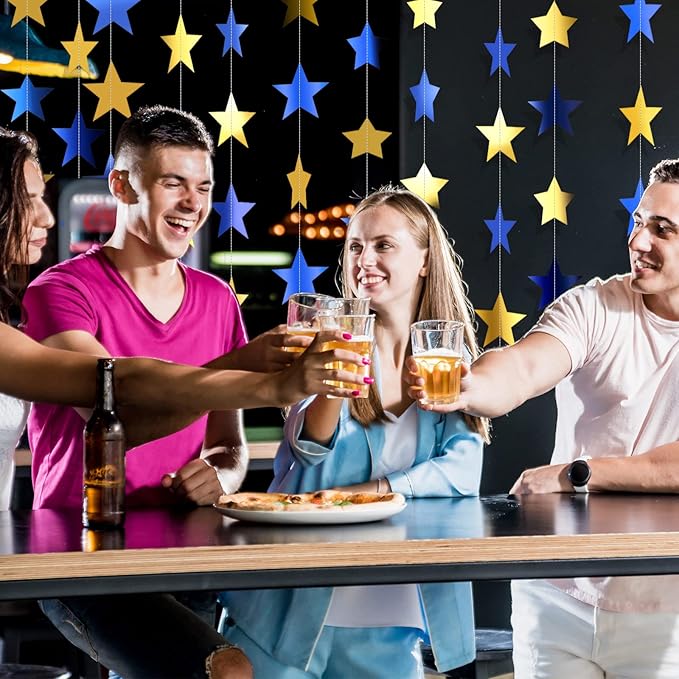 Patelai Glitter Star Garland Banner New Years Decor 130 Feet Star Hanging Banner Twinkle Backdrop for Birthday Classroom Wedding Halloween Christmas Party Supplies(Blue, Gold)