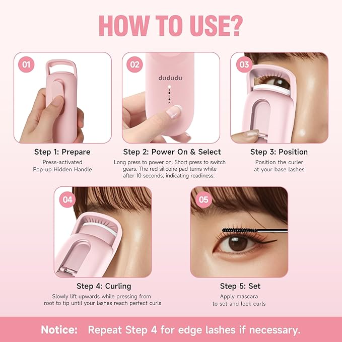 DUDUDU Heated Eyelash Curler, Portable Travel-Size Mini Electric Heated Lash Curler - 2-Level Adjustable Temp & Type-C Recharge, 10S Heat 3S Style 24H Lift for Long-Lasting Natural Effortless Curves