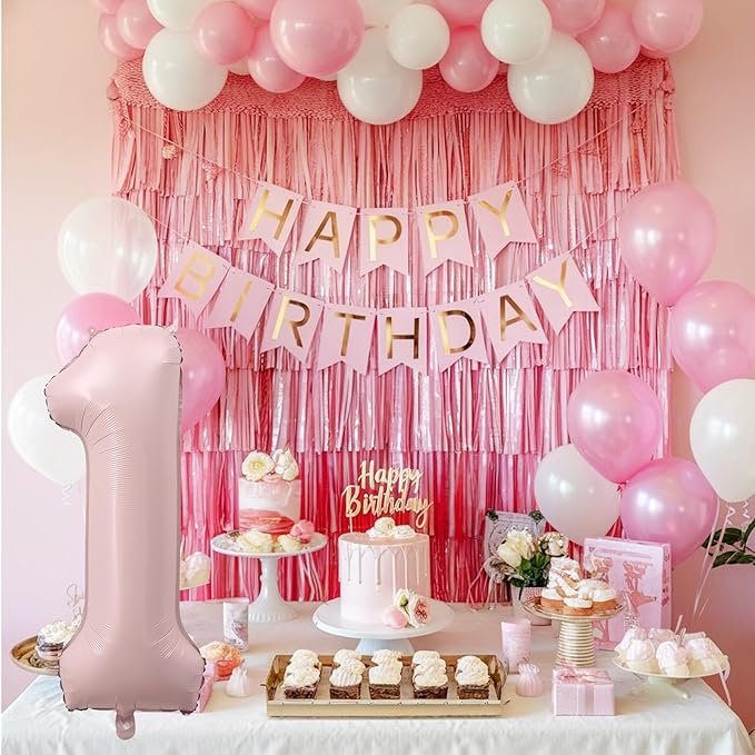 Pink 1 Balloons, 40 Inch Dusty Retro Light Pink Helium Foil Number 1 Balloon Girls, Self Inflating 1st Birthday Balloon One for Boho Anniversary Baby Shower Coquette First Birthday Party Decorations
