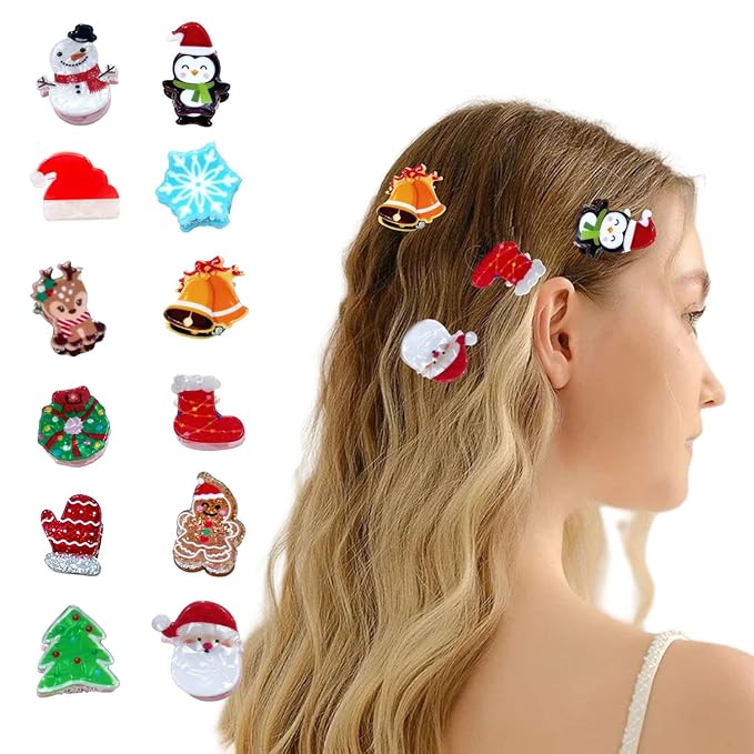 12 Pcs Christmas Claw Clips Christmas Elements Mini Hair Clips with Santa Claus Xmas Hat Gift Snowman Design Strong Hold Non Slip Small Hair Clips for Women Thick and Thin Hair Various Hairstyles