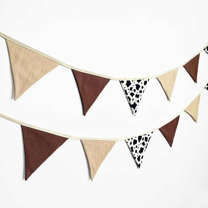 2 Sets of Cow Party Decorations Nursery Garland 24Pcs Brown Western Cowboy Fabric Linen Baby Banner Triangle Pennant Flags for Cowgirls Rodeo Birthday Country Baby Shower Derby Day Go Wild West Decor