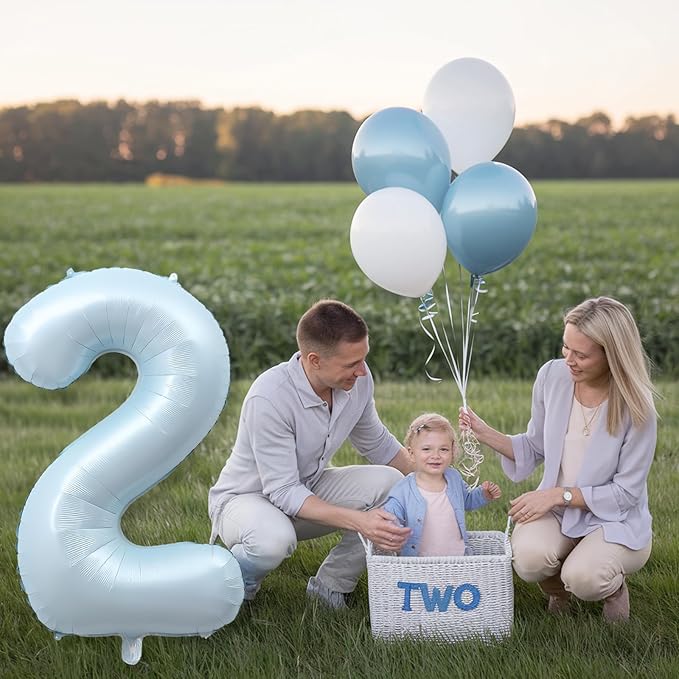 40 Inch 2 Balloon Number, Large Pastel Baby Matte Blue Foil Number 2 Balloons Birthday Party Decor, Light Blue Mylar Self Inflating Two Balloon for Boys 2nd Birthday Baby Shower Anniversary Decoration
