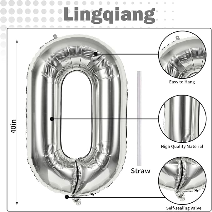 40 Inch Silver Foil Balloon Number 0, Giant Self Inflating Number Balloons 0-9 for Men Women, Digital 0 Helium Balloons Set for Girls Boys 4th Birthday Anniversary New Year Party Decorations Supplies