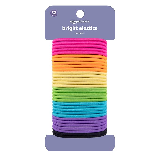 Amazon Basics Pony Tail Hair Ties - Bright 4 MM Elastics for All Types, 32 Count