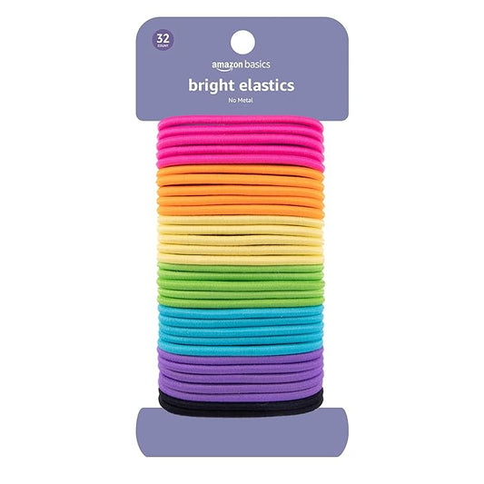 Amazon Basics Pony Tail Hair Ties - Bright 4 MM Elastics for All Types, 32 Count