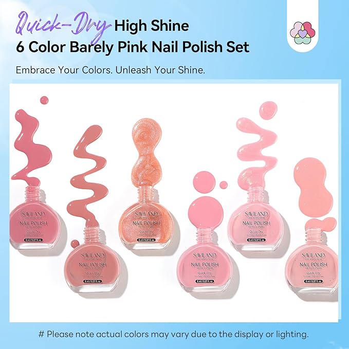 SAVILAND Color Artistry Pink Nail Polish Set: 6-Color Quick Dry Nail Polish Nude Shimmer Glitter Pearl Pink Fingernail Polish Set 12-Free Nail Lacquer DIY Modern Minimalist Gifts for Women