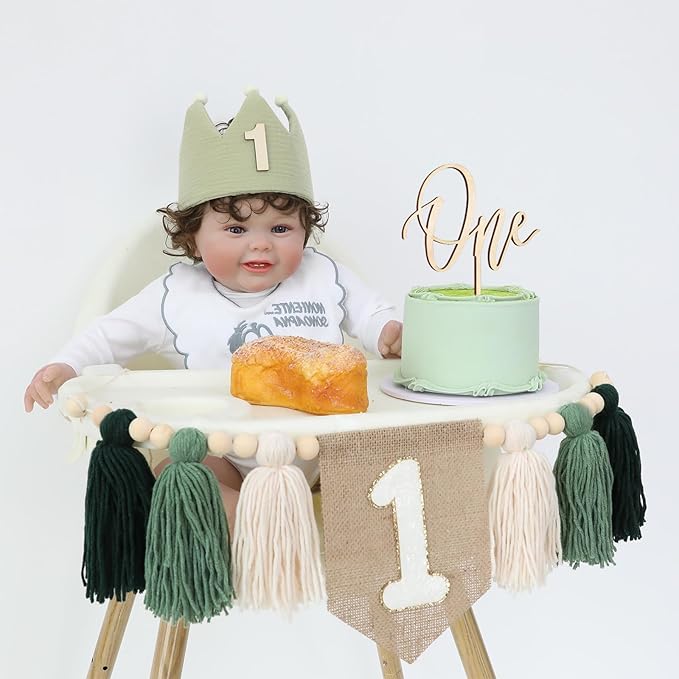 1st Green High chair Banner Wood Bead Tassel Garland Crown Hat Wooden Cake Topper Birthday Party Decorations