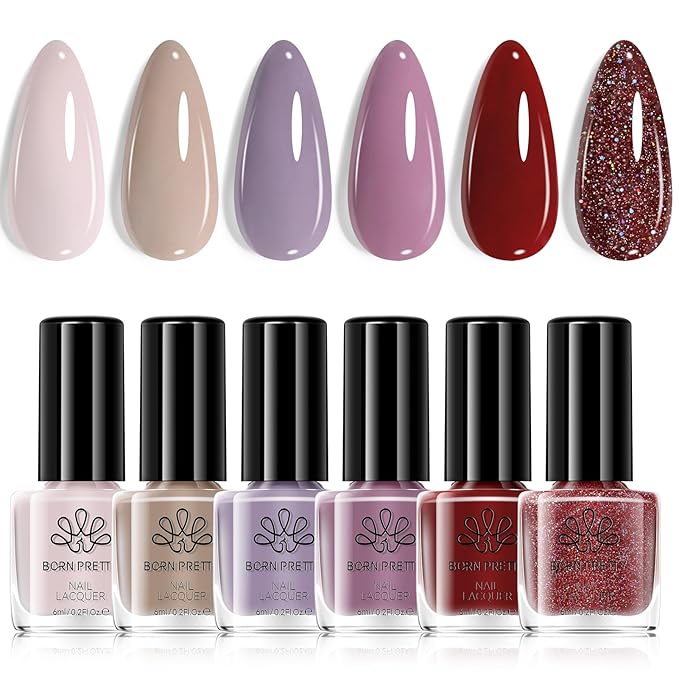 Born Pretty 6 Colors Fall Nail Polish Set - Brown Khaki Burgundy Red Neutral Nude Pink Light Purple Fall Winter Quick Dry Nail Lacquer,Nails Art DIY Home Salon Gift for Women