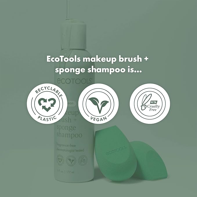 EcoTools Cleanser Shampoo for Makeup Brush/Sponge/Puffs, Remove Makeup & Impurities, Fragrance-Free, No Harsh Chemicals, Vegan & Cruelty-Free, 6 fl.oz./177 ml, 1 Count