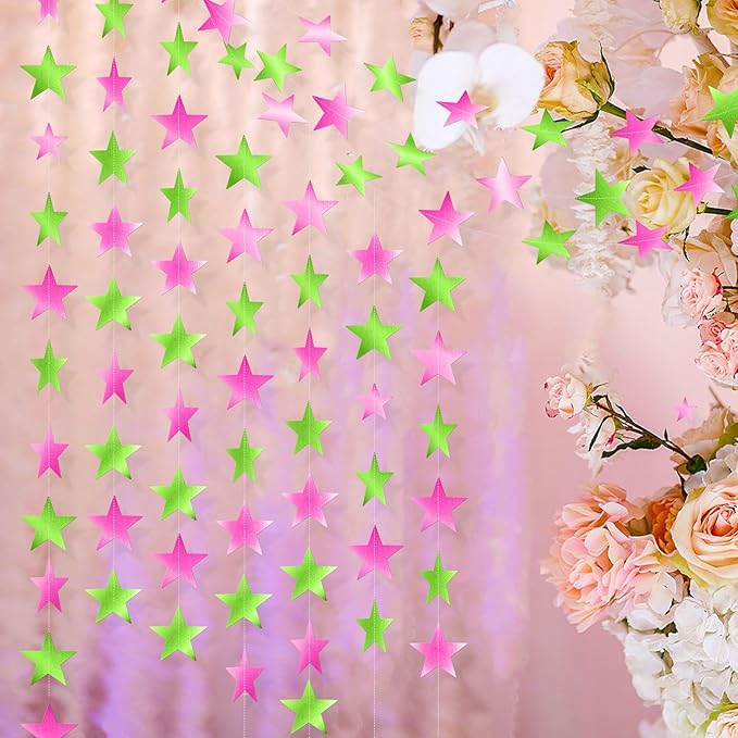 Patelai Glitter Star Garland Banner New Years Decor 130 Feet Star Hanging Banner Twinkle Backdrop for Birthday Classroom Wedding Halloween Christmas Party Supplies(Pink,Green)