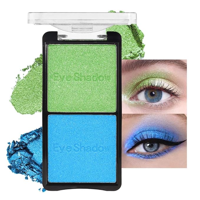 2 colors eye shadow makeup palette, Blue & Green Eyeshadows Halloween Birthday Party Wear, high pigment eye, matte & shimmer metal eye shadow powder, Blendable, Ultra-Pigmented(02)
