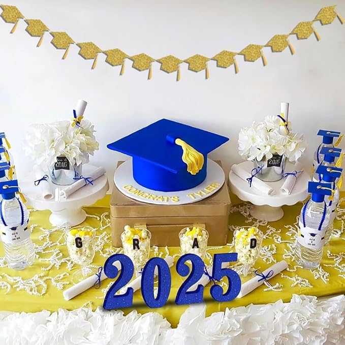 2025 Graduation Hats Decoration Banners Gold Glitter Graduation Cap with Tassel Banners Garlands Class of 2025 Graduate Party Banners for College High School Party Decorations