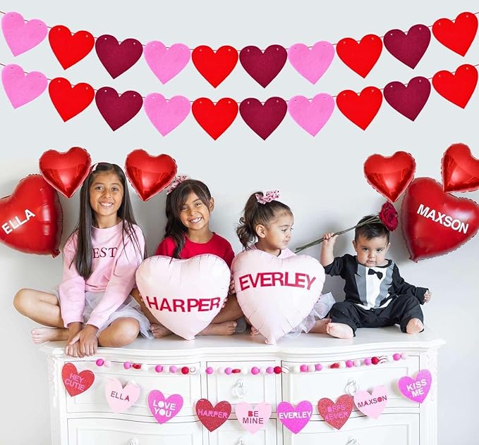 4 Pack Felt Heart Garland Banners,Felt Red Pink and Hot Pink Valentines Day Heart Decorations,Valentines Felt Heart Garland Banner for Valentines Day Anniversary Wedding Party Decorations Supplies