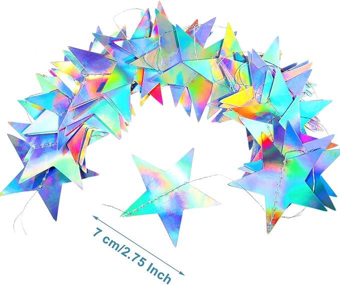 Patelai Glitter Star Garland Banner New Years Decor 130 Feet Star Hanging Banner Twinkle Backdrop for Birthday Classroom Wedding Halloween Christmas Party Supplies(Holographic Iridescent)