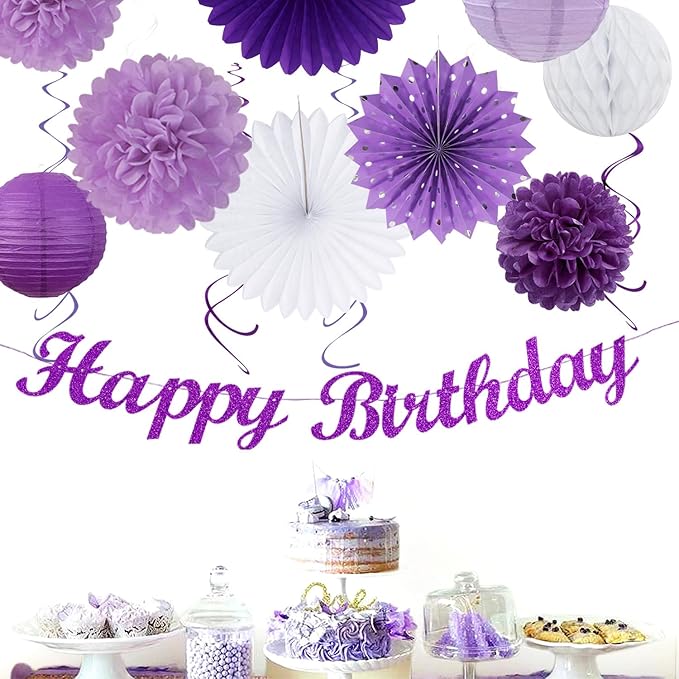 Purple Lilac-Lavender White Women Birthday Party-Decorations - 21pcs Happy Banner,Paper Lanterns,Tissue Pom Poms Flower Fan,Honeycomb Ball,Hanging Streamers Garland, Girls Decor Supplies Huglony