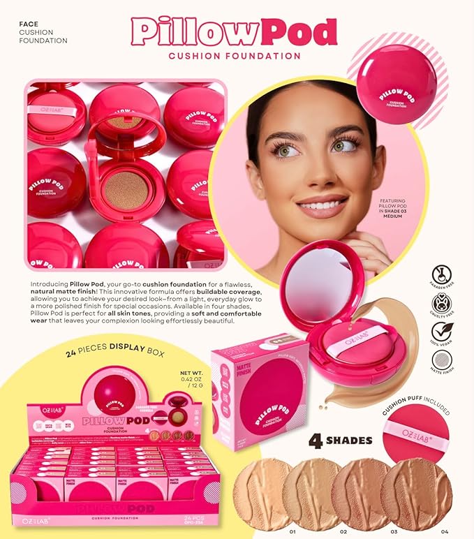 Beauty Pillow Pod Cushion Foundation Porcelain – Natural Matte Finish, Buildable Coverage, Paraben-Free, Portable Compact with Mirror and Puff,0.42 OZ /12G,pack of 1