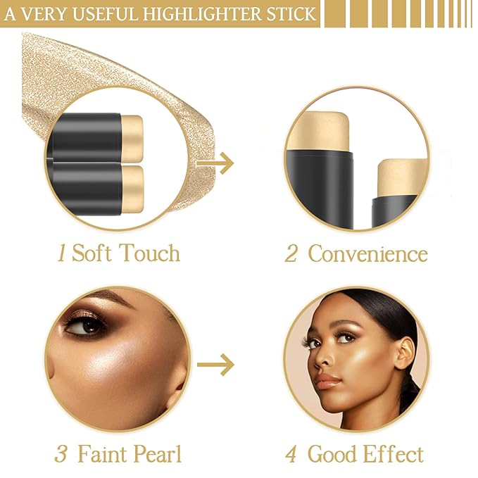 Highlighter Stick,Highlighter Makeup for Face & Body, Multi-Use Body Shimmer Glow Cream for All Skin Types, Buildable, Non-Caking, Long Lasting Radiant for All Day, Great Gift for Women & Girls, Gold