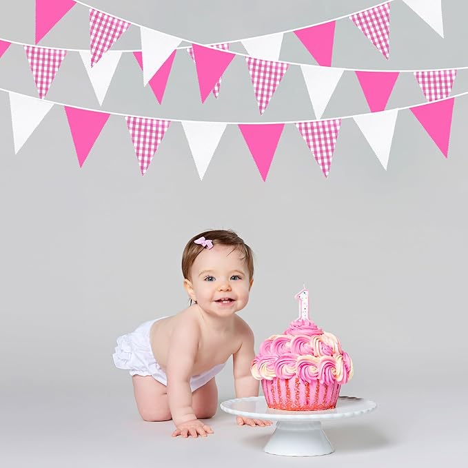 32Ft Hot Pink Party Decorations Pink Buffalo Plaid Checkered White Triangle Flag Gingham Pennant Fabric Garland Streamers for Wedding Birthday Baby Shower Anniversary Party Picnic Garden Decor