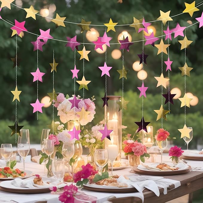 Patelai 78 Feet Glitter Star Garland Banner Decoration Hanging String Star New Year Eve Party Supplies Gold Black Party Decor for 2026 New Year Valentines Wedding Birthday (Gold and Pink)