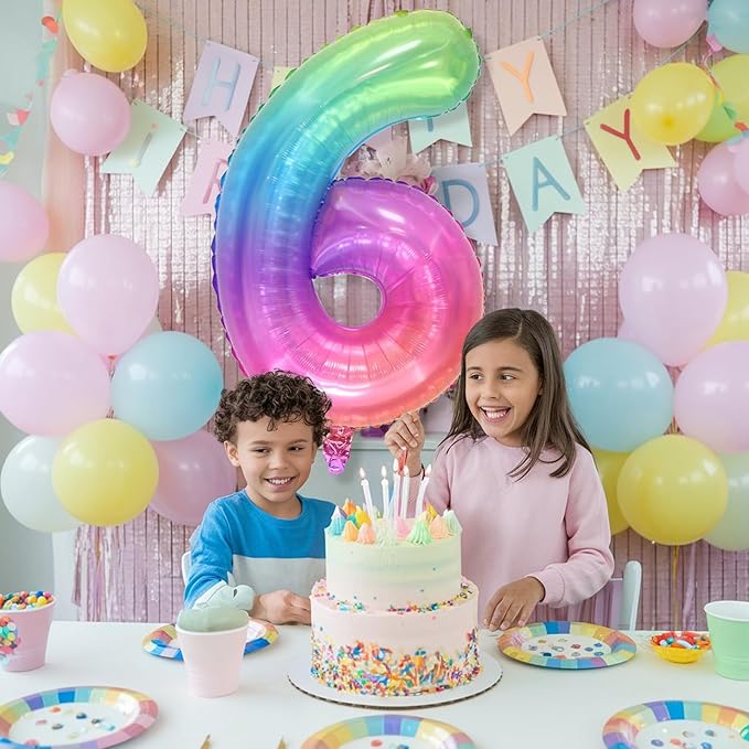 40 Inch 6 Balloon Number, Large Rainbow Foil Number 6 Balloons Birthday Party Decor, Helium Mylar Self Inflating Pastel Colorful Multicolor Balloon for Girls Kids 6th Birthday Anniversary Decorations