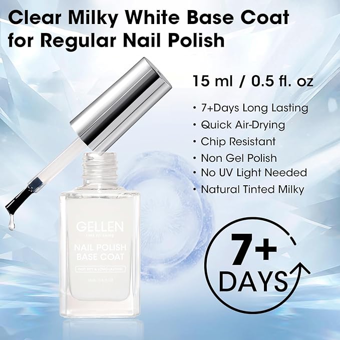 GELLEN Clear Nail Polish Base Coat Sheer Tinted Milky White, Natural Color Regular Nail Polish, Calcium Formula Strengthens Nails, Enhances Nails Natural Look, Quick Air Dry, Hema Free, Non-toxic