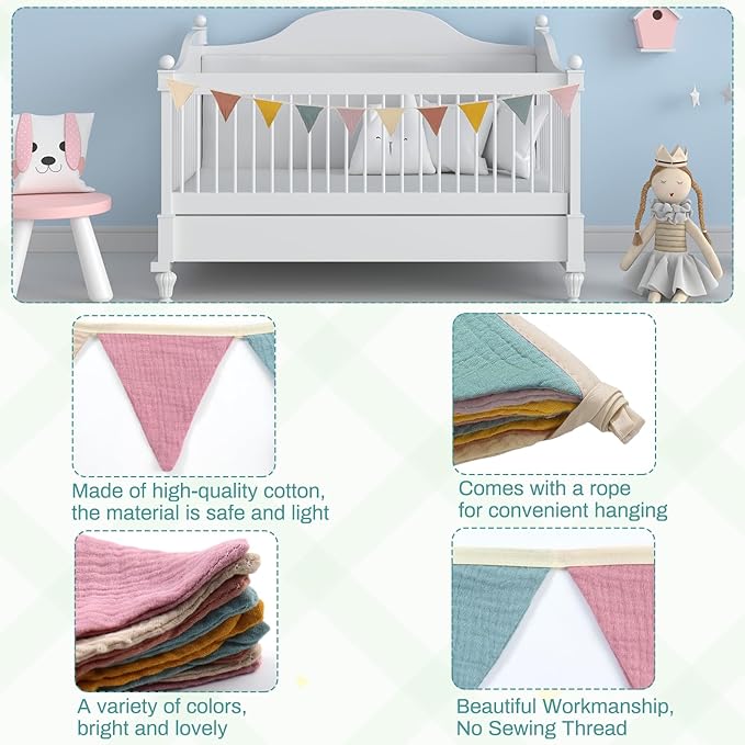 2PCS Pennant Banner Flags, Fabric Bunting Banner Nursery Garland Decor, Baby Shower Garland, Triangle Flags for Baby Boy Room, Playroom, Boho Birthday Party Decor, Each 7.75 ft (Vintage Color)