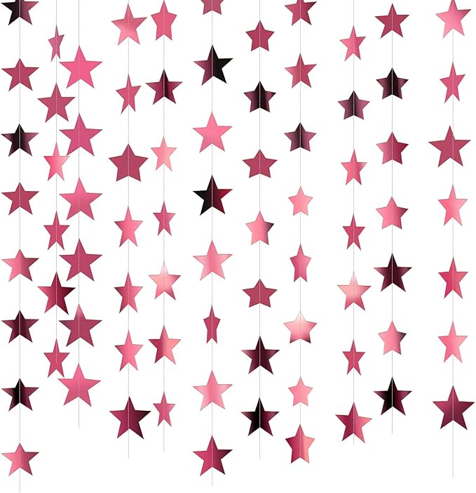 Patelai Glitter Star Garland Banner New Years Decor 130 Feet Star Hanging Banner Twinkle Backdrop for Birthday Classroom Wedding Halloween Christmas Party Supplies(Rose Pink)