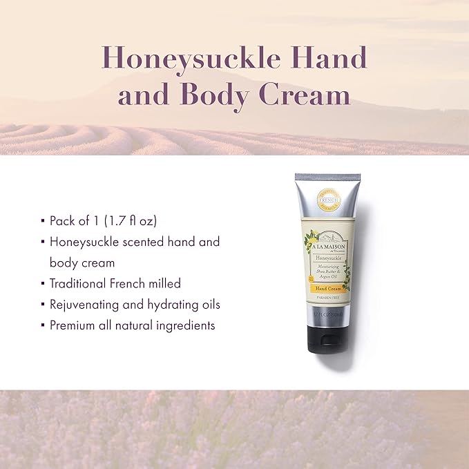 A LA MAISON Moisturizing Cream, Honeysuckle - Uses: Hand, Argan Oil, Pure Shea Butter, Essential Oils, Plant Based, Cruelty-Free, SLS and Paraben Free (1.7 Oz, 2 Pack)