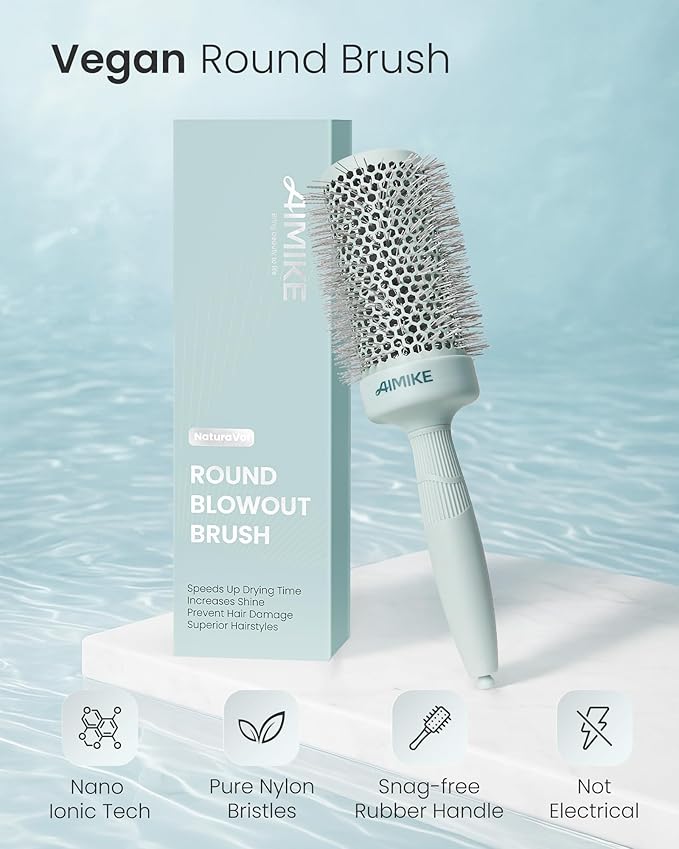 AIMIKE NaturaVol Round Brush for Blow Out, Large Round Hair Brush Nano Thermal Ceramic & Ionic Tech, for Blow Drying & Salon-like Styling at Home, Maximum Volume and Shine- 3”Overall Dia for Long Hair