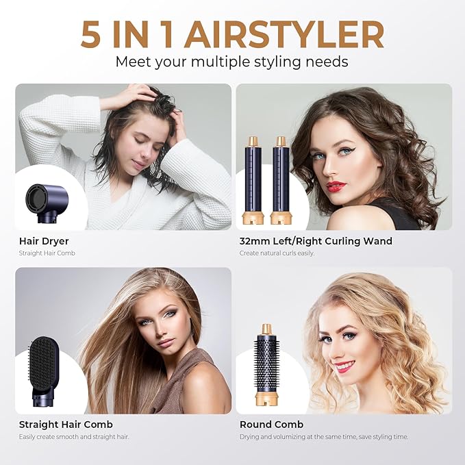 Blow Dryer Brush 5 in 1, Negative Ion Hair Dryer Brush Set Upgrade Hot Air Brush Air Styler Curling Wrap Air Curler, Curling Iron Hair Styling Tools As A Gift for Straight/Curl/Drying/Smoothing