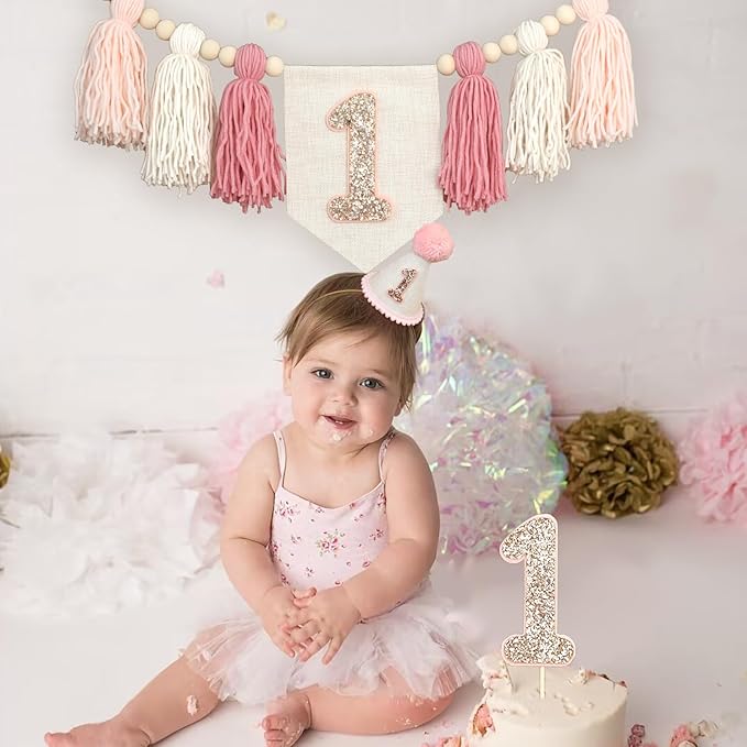 Pink Baby Girl 1st Highchair Banner Wood Bead Tassel Garland Conical Cap Bling Cake Topper Birthday Party Decorations